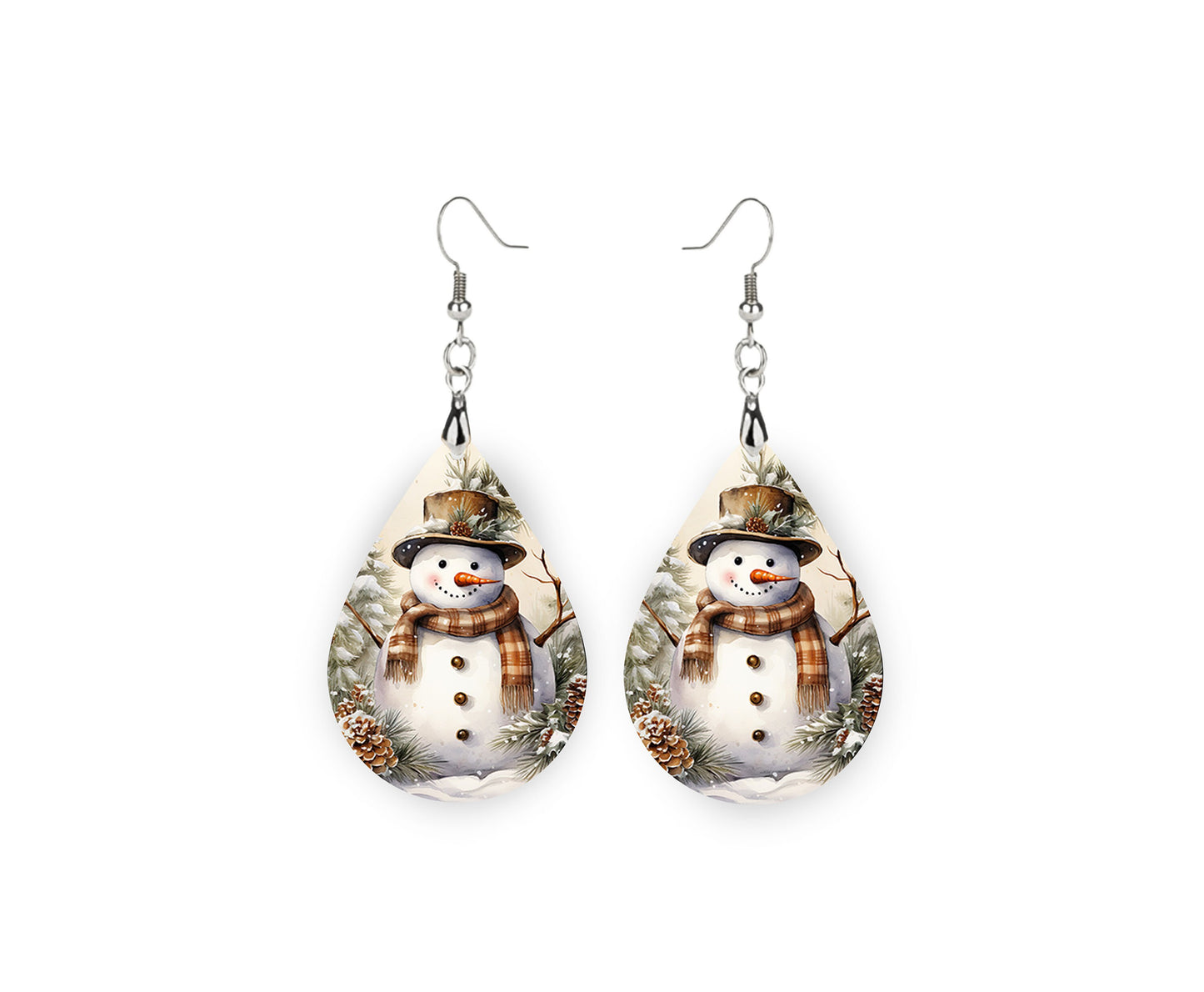 New Release Snowman Earrings, Winter Forest Snowman Tear Drop Dangle Printed Earrings Jewelry Handmade