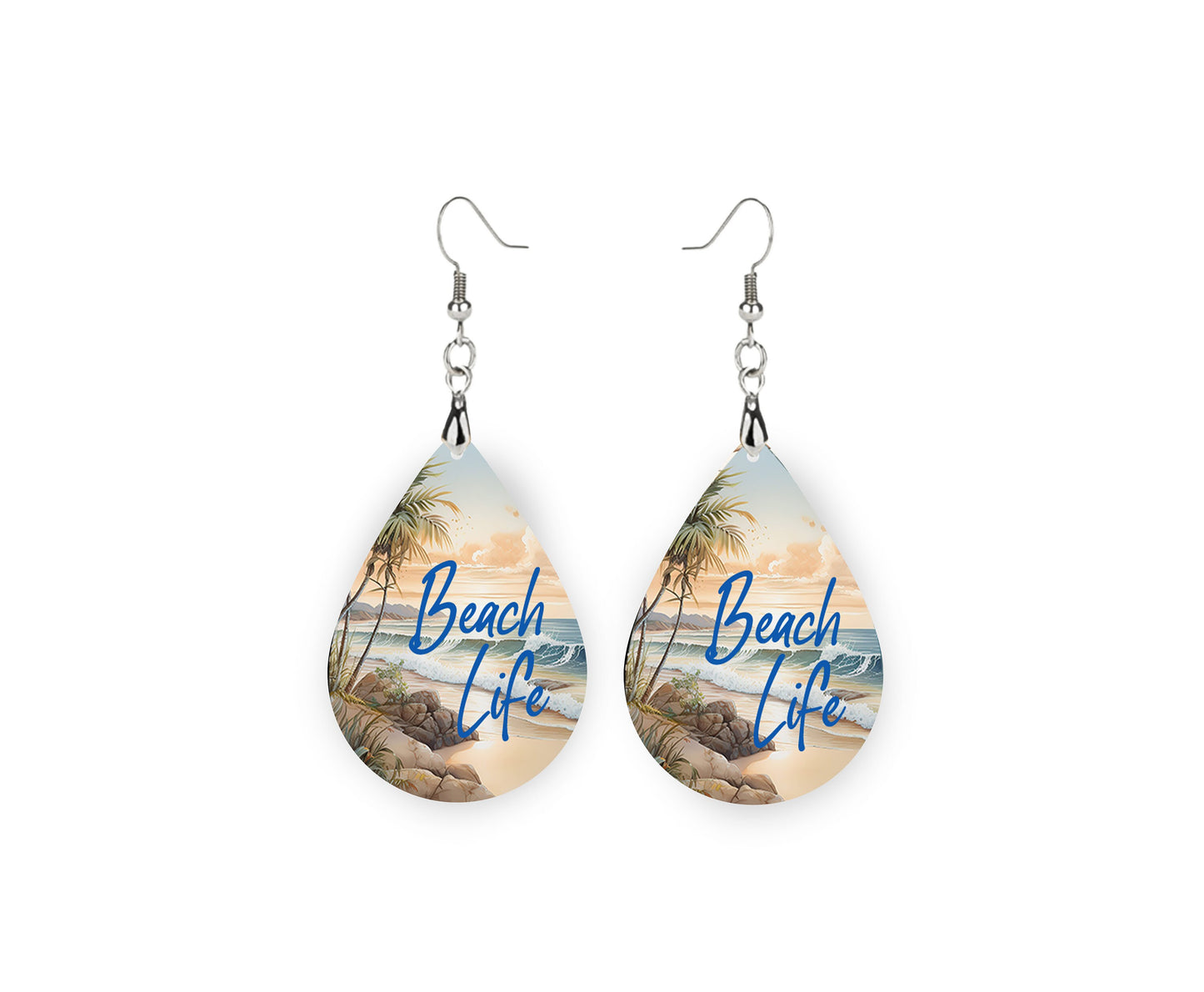 New Releases Beach Earrings, Beach Life Coastal Print Tear Drop Wood Dangle Earrings Hypoallergenic Jewelry