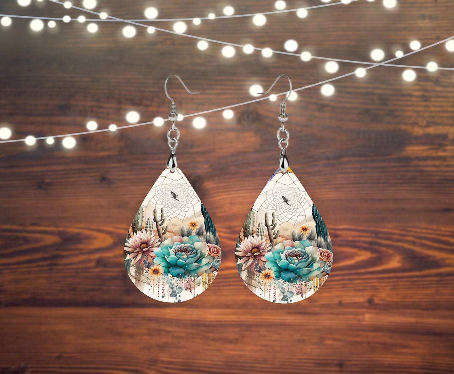 New Release Earrings, Desert Succulent Earrings Print Tear Drop Wood Dangle Earrings Hypoallergenic Jewelry