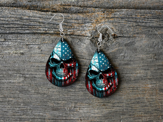 New Releases American Flag Skull Earrings Print Tear Drop Wood Dangle Earrings Hypoallergenic Jewelry