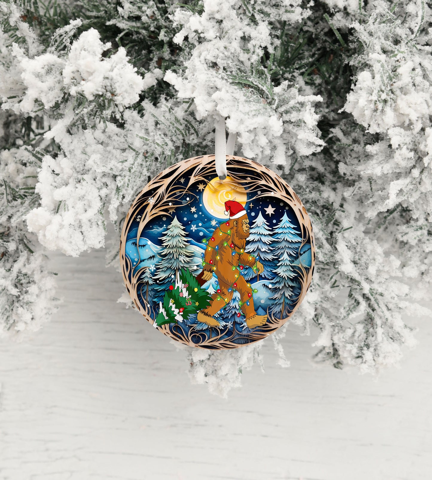 New Releases Christmas Ornament, Bigfoot Christmas Forest with Full Moon Ceramic Christmas Ornament, Christmas Decorations