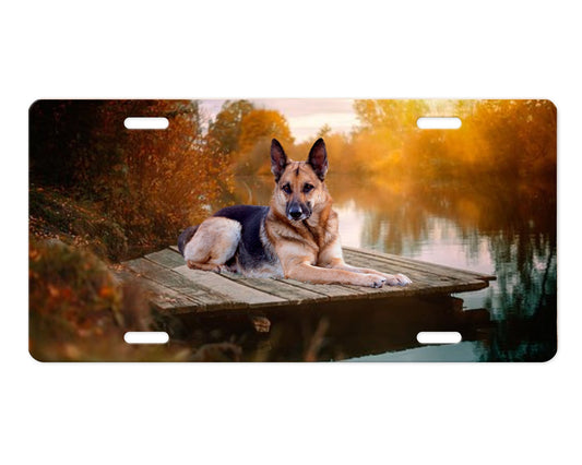 New Release License Plate German Shephard Dog on Dock Printed Aluminum Front License Plate, Car Accessory, Vanity Plate, Cute Car Tag