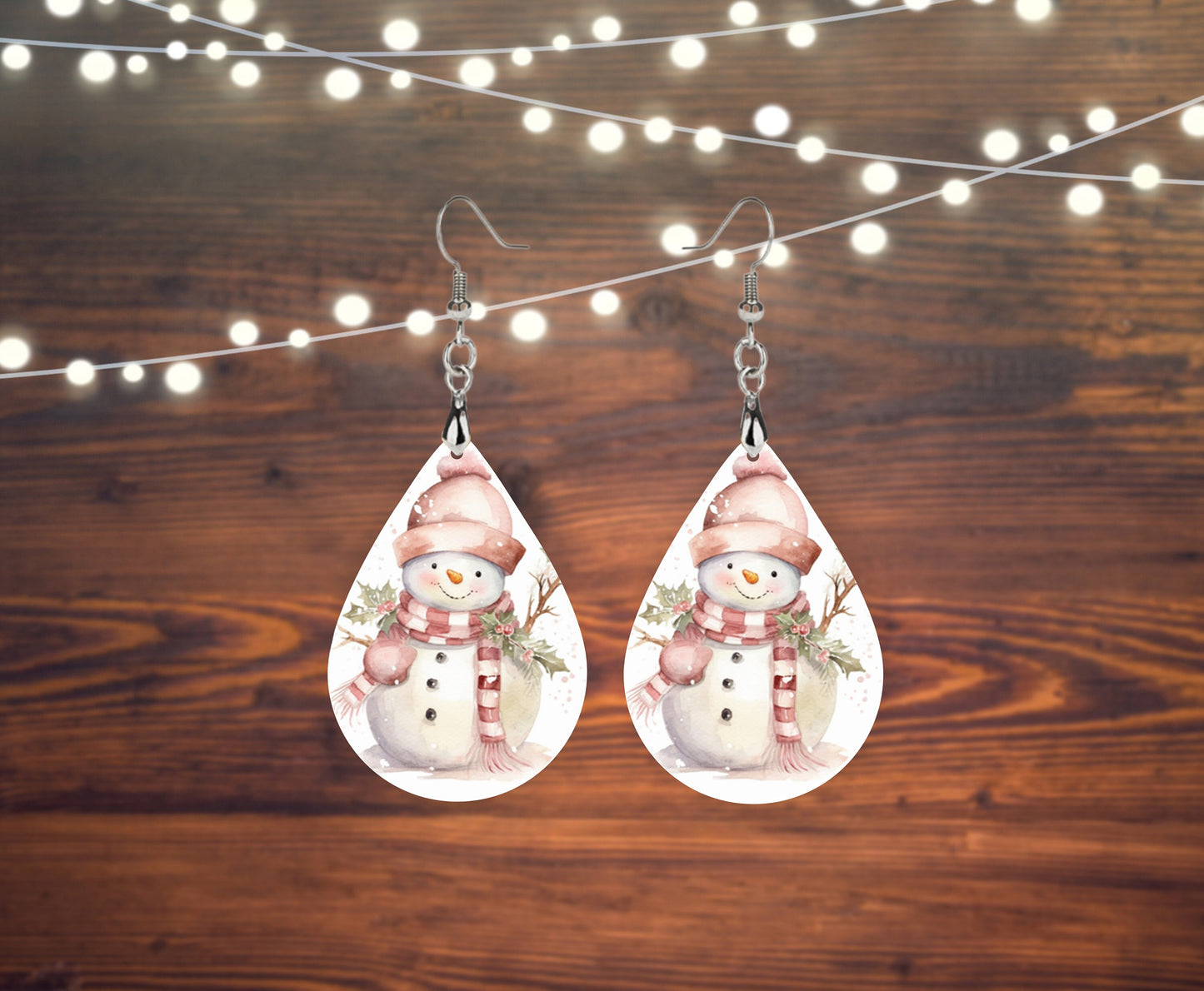 New Release Pink Snowman Earrings, Tear Drop Dangle Printed Earrings Jewelry Handmade