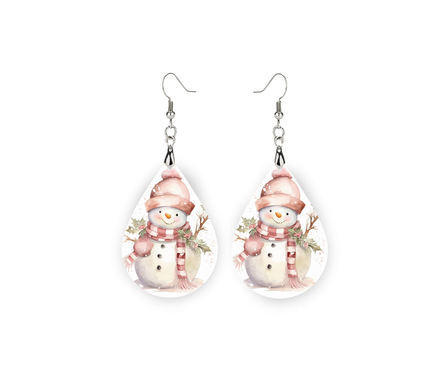 New Release Pink Snowman Earrings, Tear Drop Dangle Printed Earrings Jewelry Handmade