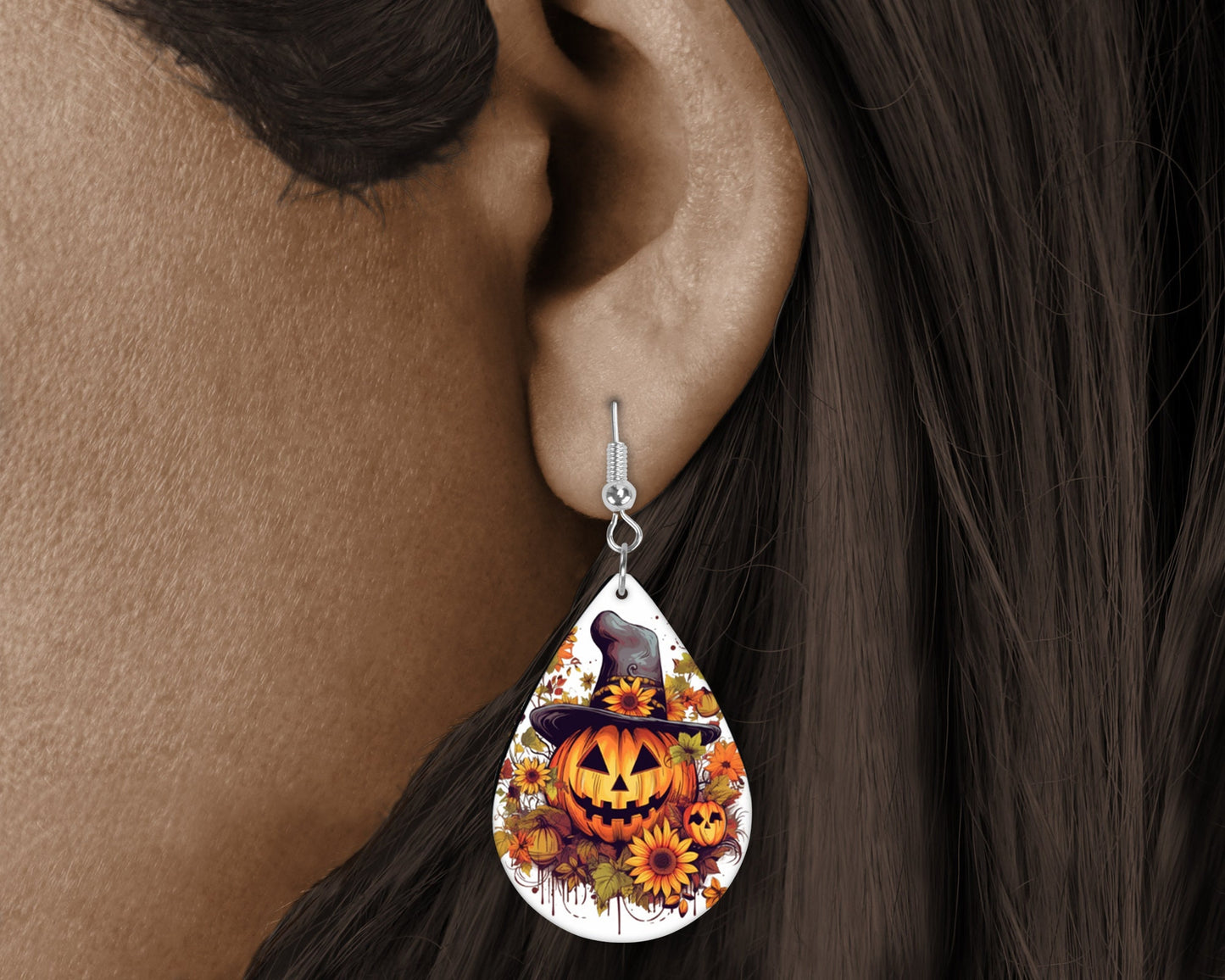 New Release Fall Earrings, Pumpkins and Fall Leaves Tear Drop Dangle Printed Earrings Jewelry Handmade