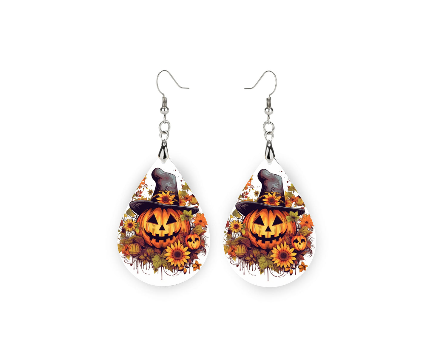 New Release Fall Earrings, Pumpkins and Fall Leaves Tear Drop Dangle Printed Earrings Jewelry Handmade