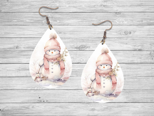 New Release Sweet Pink Snowman Earrings, Tear Drop Dangle Printed Earrings Jewelry Handmade