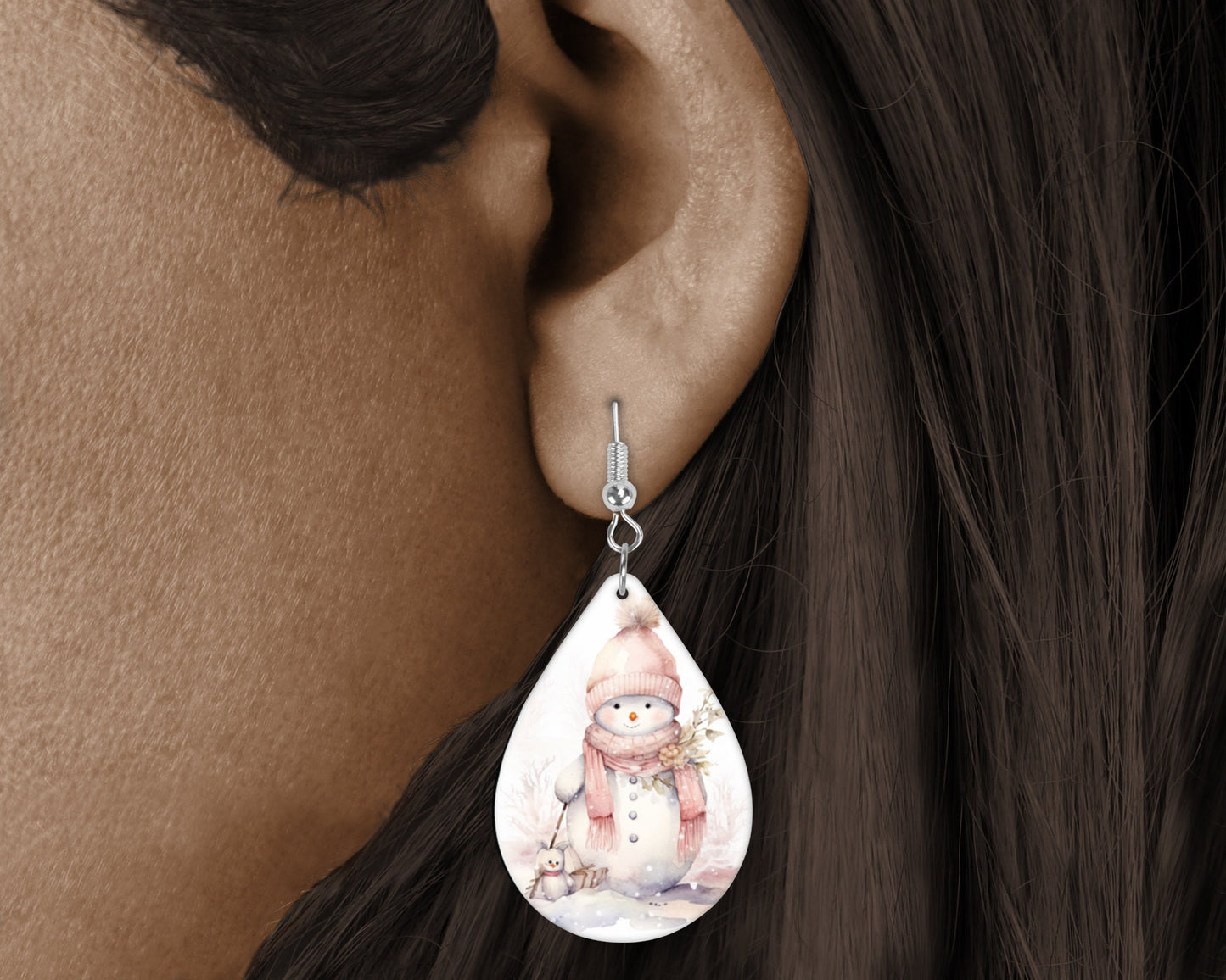 New Release Sweet Pink Snowman Earrings, Tear Drop Dangle Printed Earrings Jewelry Handmade