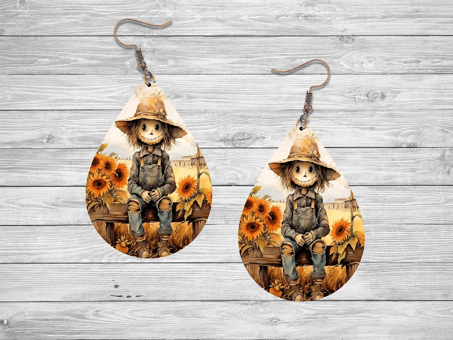 New Release Fall Earrings, Sitting Scarecrow Tear Drop Dangle Printed Earrings Jewelry Handmade