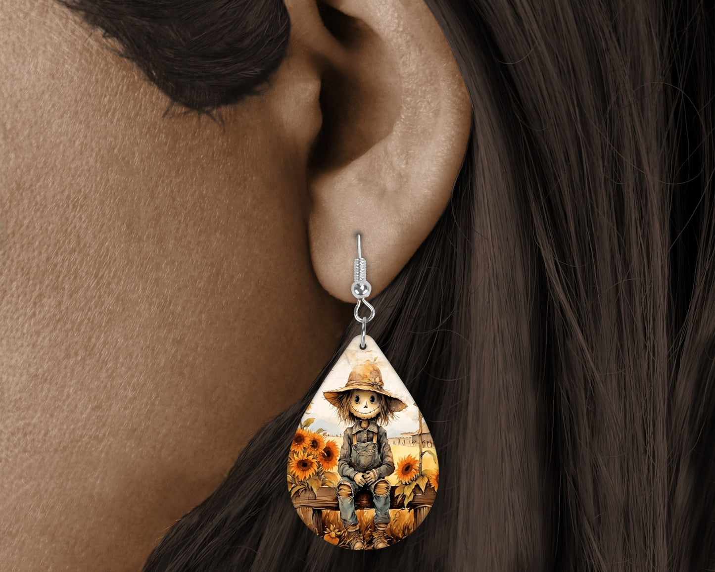 New Release Fall Earrings, Sitting Scarecrow Tear Drop Dangle Printed Earrings Jewelry Handmade