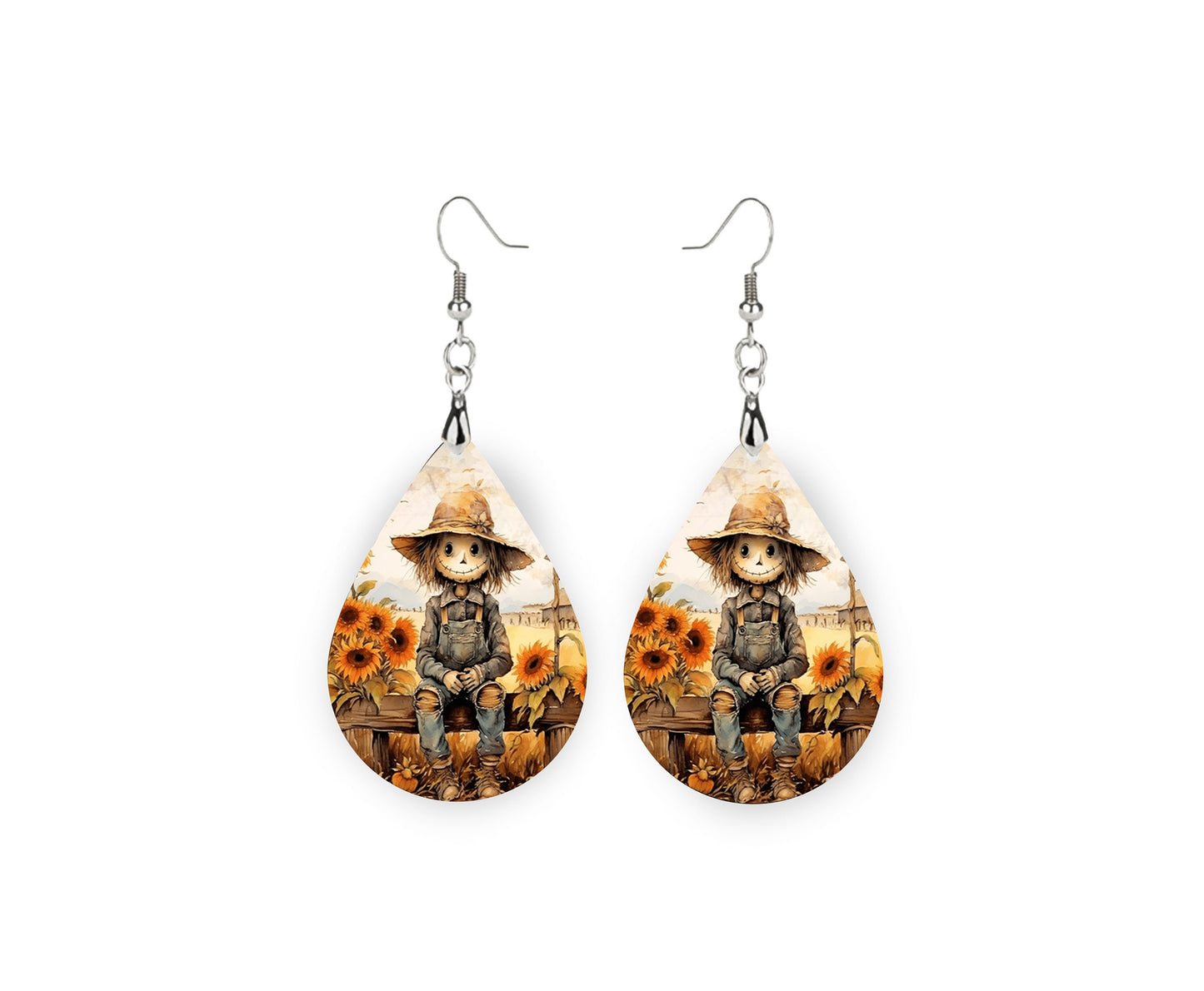 New Release Fall Earrings, Sitting Scarecrow Tear Drop Dangle Printed Earrings Jewelry Handmade