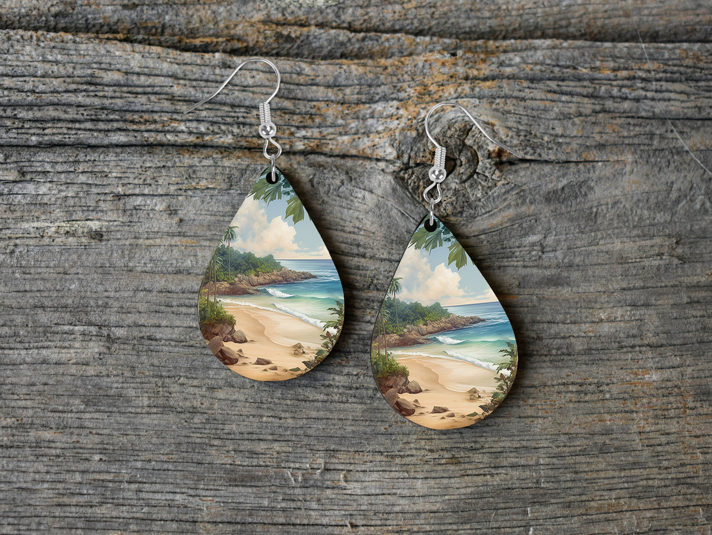 New Releases Beach Earrings, Beach Coastline Print Tear Drop Wood Dangle Earrings Hypoallergenic Jewelry