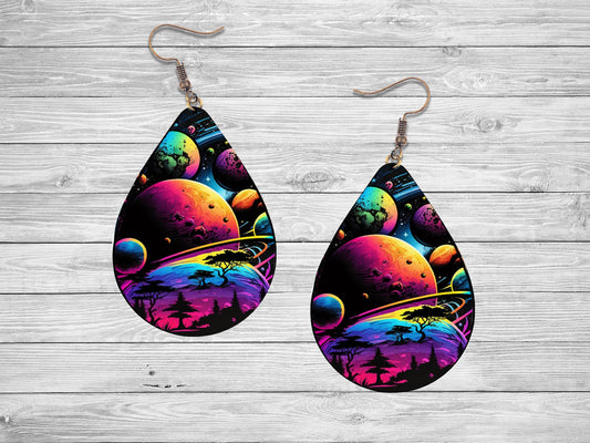 New Release Galaxy Planets Print Tear Drop Wood Dangle Earrings Hypoallergenic Jewelry