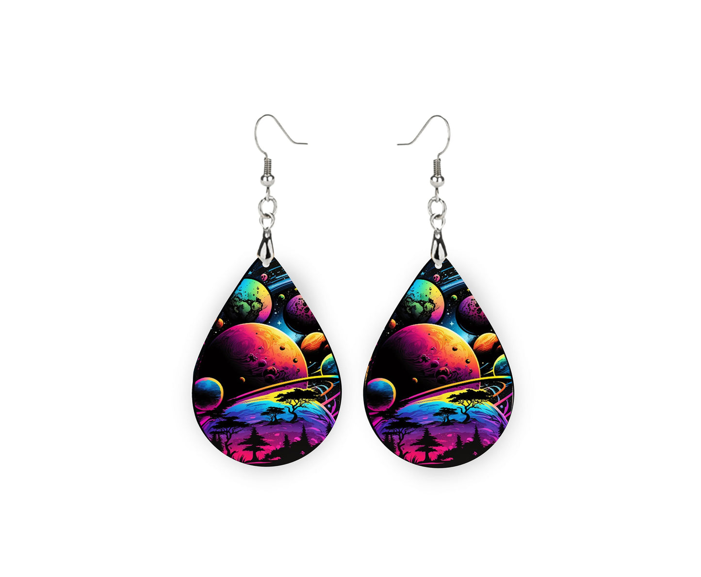 New Release Galaxy Planets Print Tear Drop Wood Dangle Earrings Hypoallergenic Jewelry