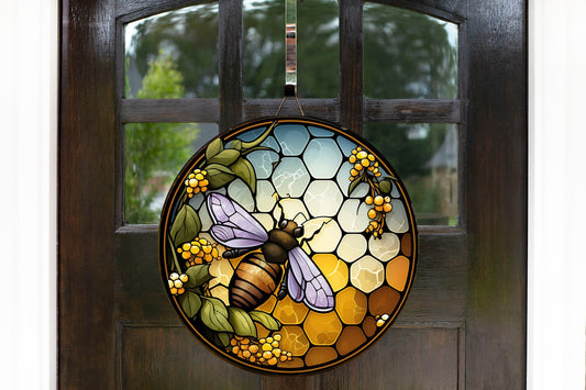 New Release Faux Stain Glass Honey Bee Sign, Farmhouse Round Wood Sign Farmhouse Door Hanger Wreath Sign,