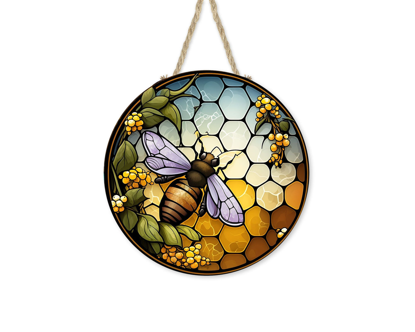 New Release Faux Stain Glass Honey Bee Sign, Farmhouse Round Wood Sign Farmhouse Door Hanger Wreath Sign,