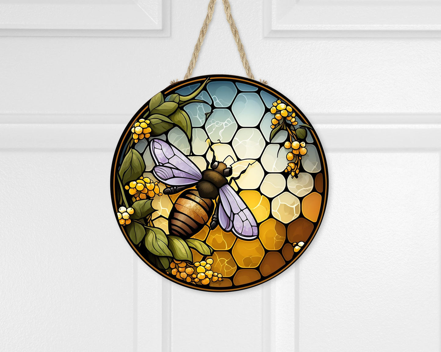 New Release Faux Stain Glass Honey Bee Sign, Farmhouse Round Wood Sign Farmhouse Door Hanger Wreath Sign,