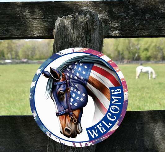 New Release Stars and Stripes Horse Welcome Sign, Farmhouse Round Wood Sign Farmhouse Door Hanger Wreath Sign, Patriotic Decor