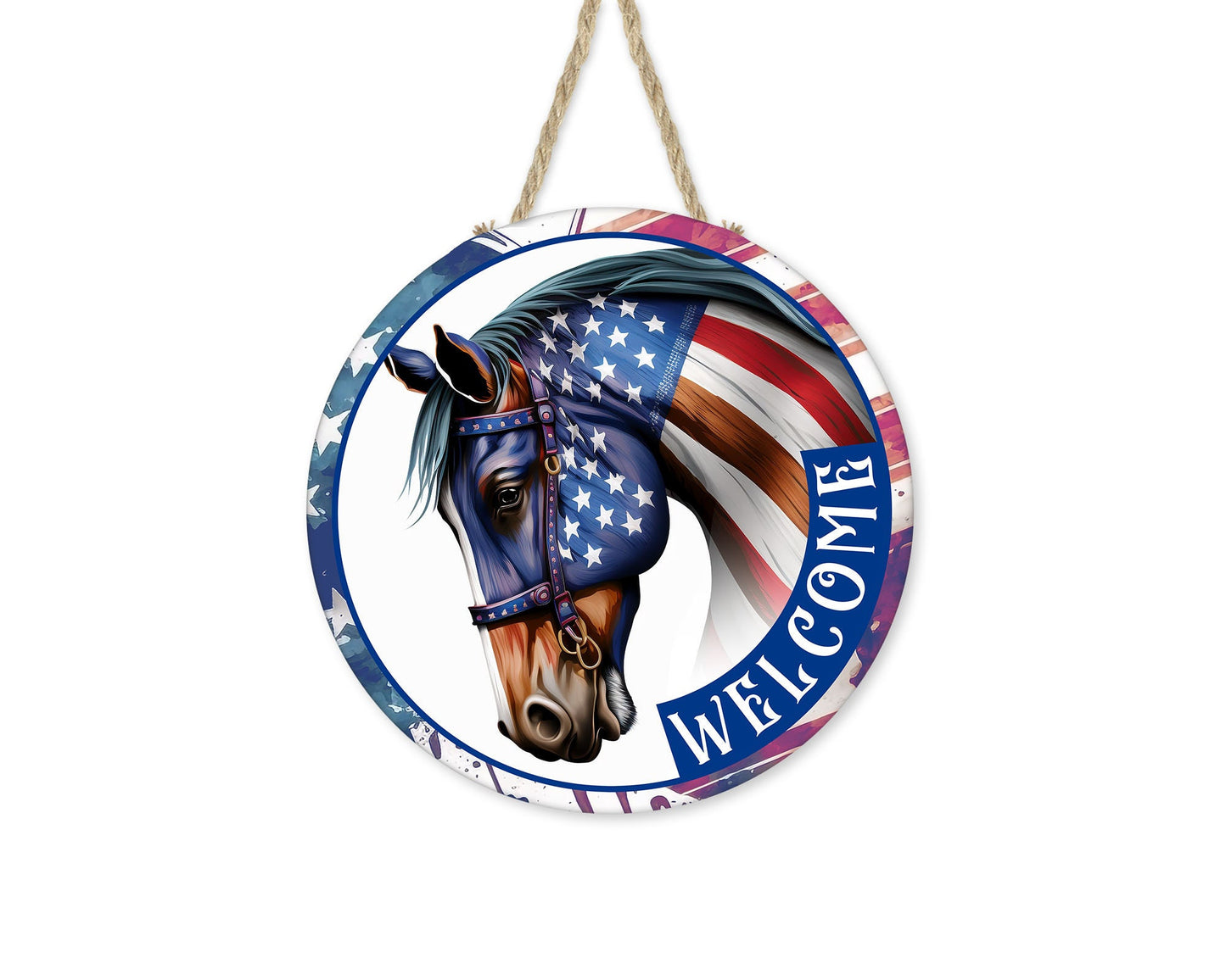 New Release Stars and Stripes Horse Welcome Sign, Farmhouse Round Wood Sign Farmhouse Door Hanger Wreath Sign, Patriotic Decor