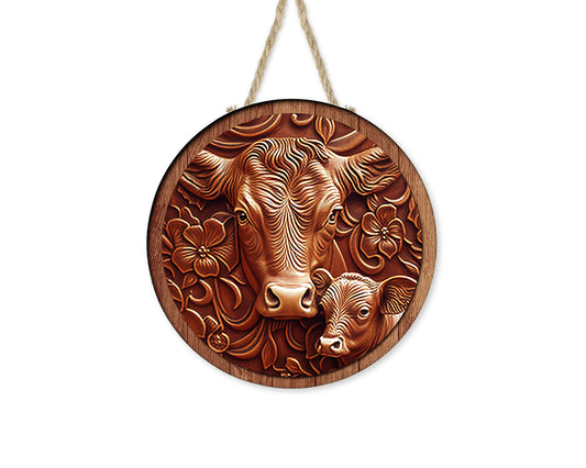 New Release Faux Tooled Leather Wood Cow Welcome Sign, Farmhouse Round Wood Sign Farmhouse Door Hanger Wreath Sign,