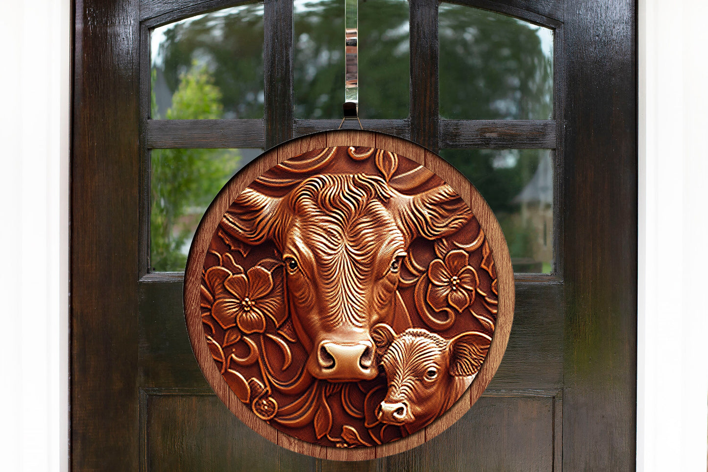 New Release Faux Tooled Leather Wood Cow Welcome Sign, Farmhouse Round Wood Sign Farmhouse Door Hanger Wreath Sign,