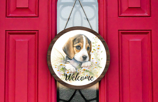 New Release Welcome Beagle Sign, Farmhouse Round Wood Sign Farmhouse Door Hanger Wreath Sign