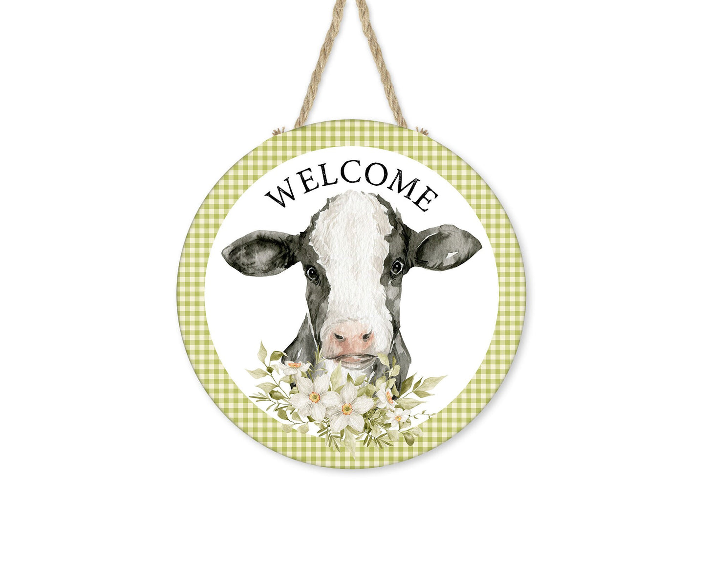 New Release Welcome Black and White Cow Sign, Farmhouse Round Wood Sign Farmhouse Door Hanger Wreath Sign