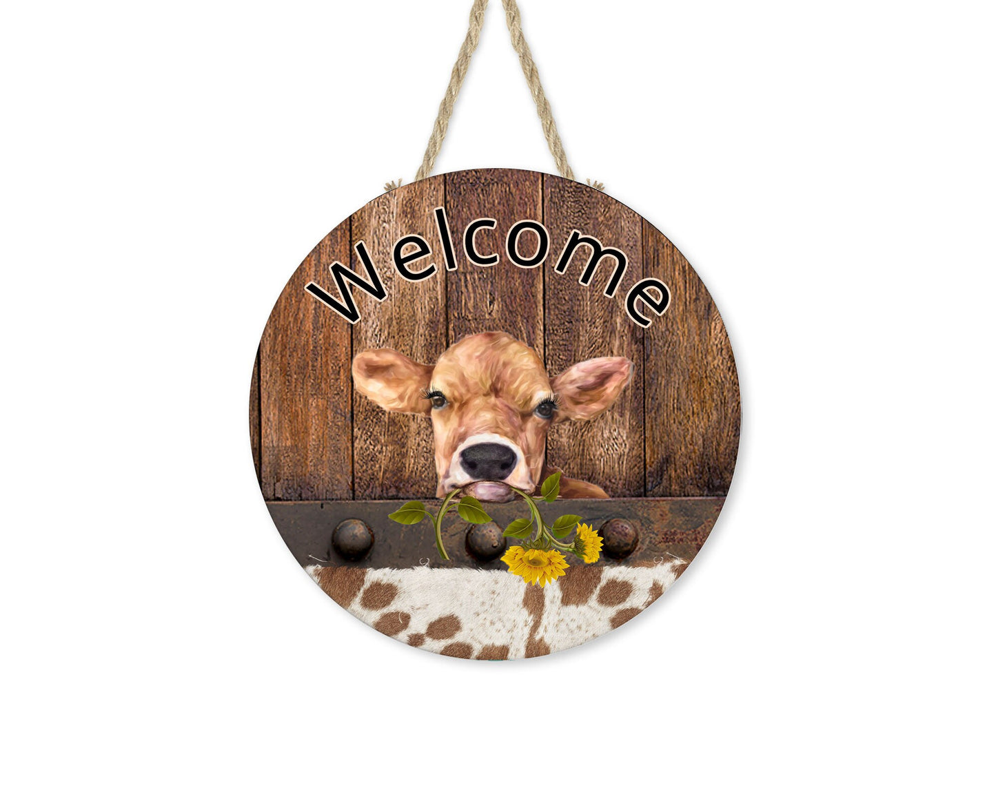 New Release Welcome Cow Sign, Farmhouse Round Wood Sign Farmhouse Door Hanger Wreath Sign