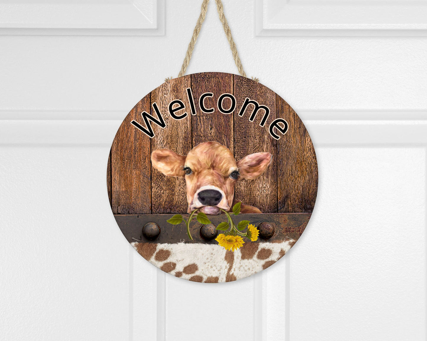 New Release Welcome Cow Sign, Farmhouse Round Wood Sign Farmhouse Door Hanger Wreath Sign