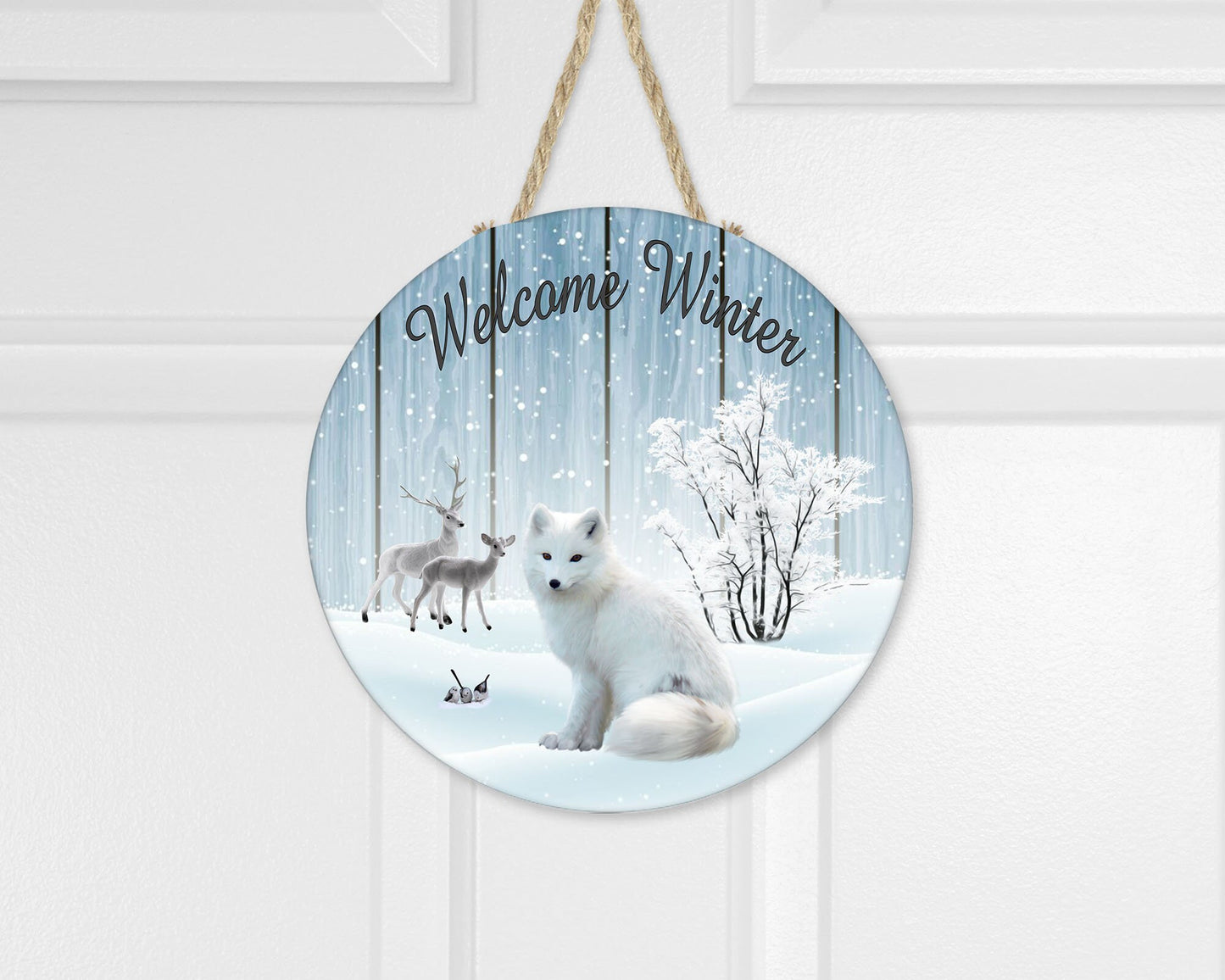 New Release Welcome Winter White Fox Sign, Farmhouse Round Wood Sign Farmhouse Door Hanger Wreath Sign