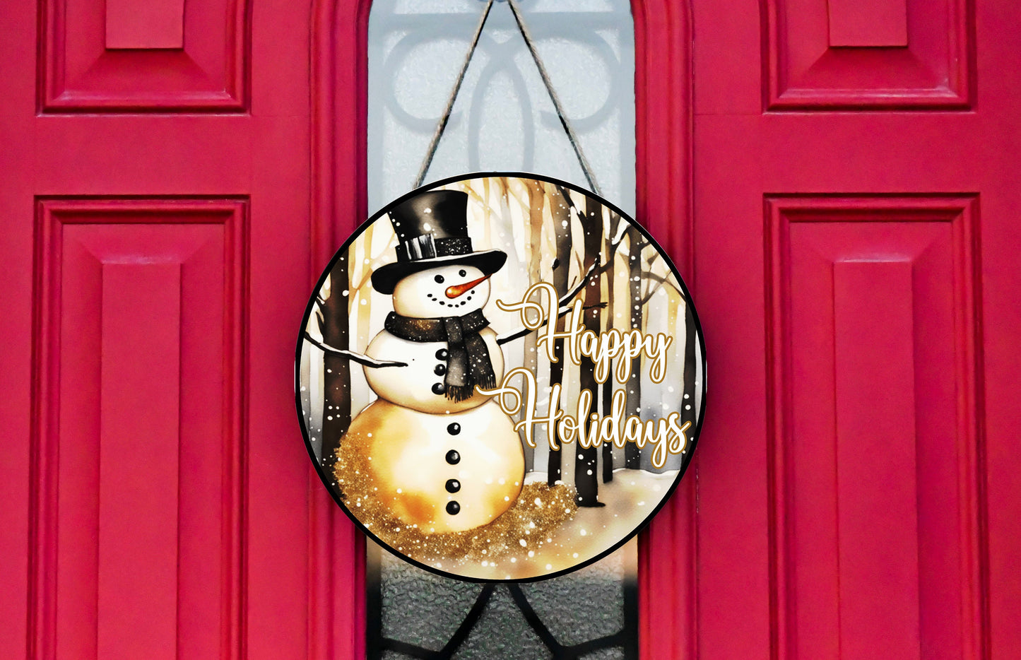 New Release Happy Holidays Gold Snowman Sign, Farmhouse Christmas Round Wood Sign Farmhouse Door Hanger Wreath Sign