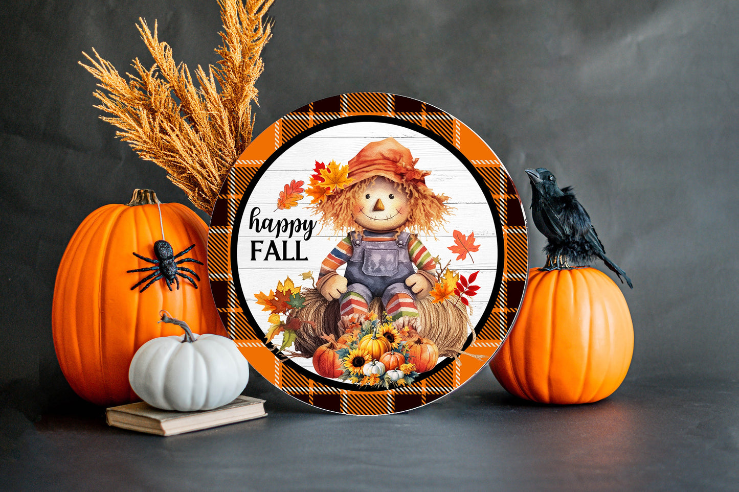 New Release Happy Fall Scarecrow Sign, Farmhouse Round Wood Sign Farmhouse Door Hanger Wreath Sign