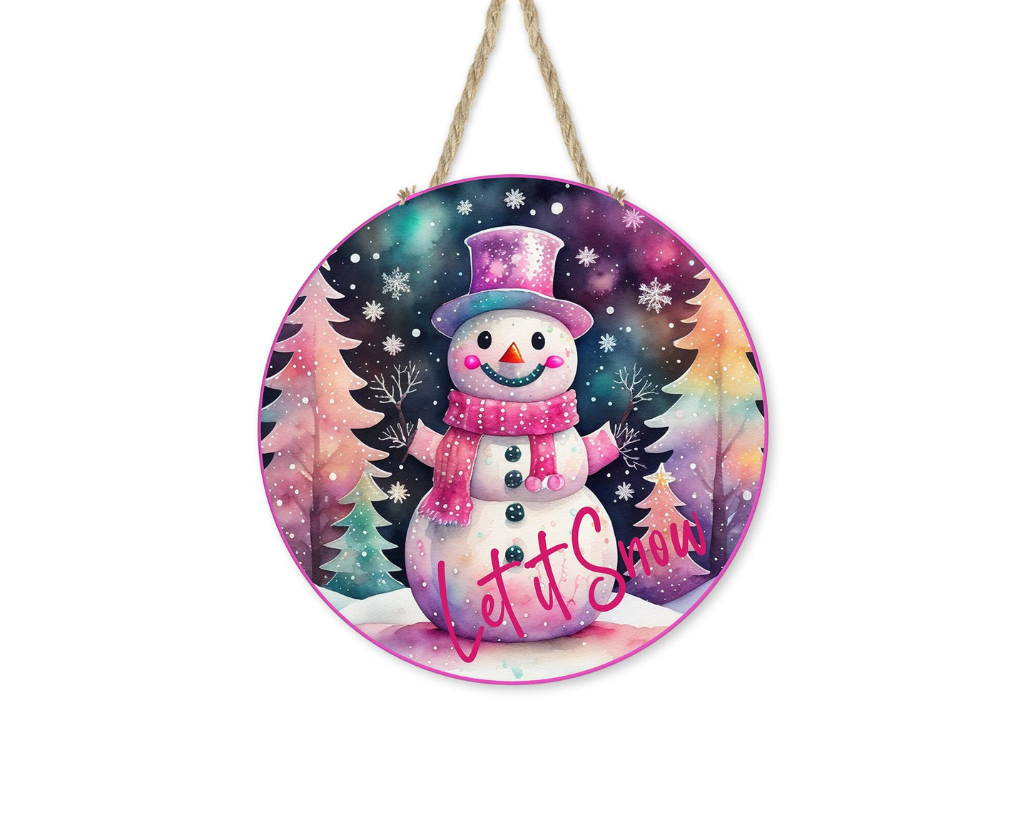 New Release Pink Snowman Let it Snow Sign, Farmhouse Christmas Round Wood Sign Farmhouse Door Hanger Wreath Sign