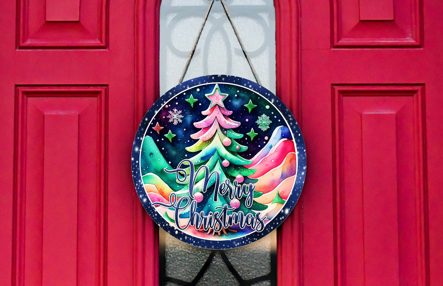 New Release Rainbow Merry Christmas  Sign, Farmhouse Christmas Round Wood Sign Farmhouse Door Hanger Wreath Sign