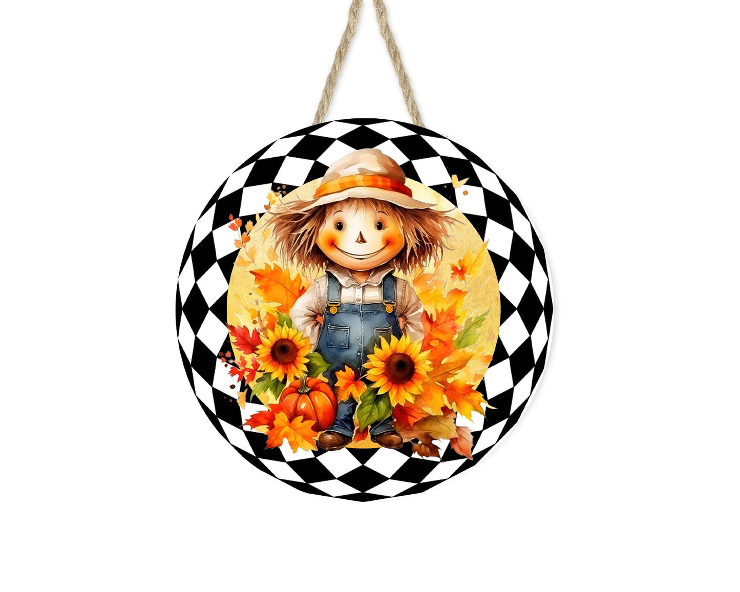 New Release Smiling Scarecrow Sign, Farmhouse Round Wood Sign, Door Hanger Wreath Sign