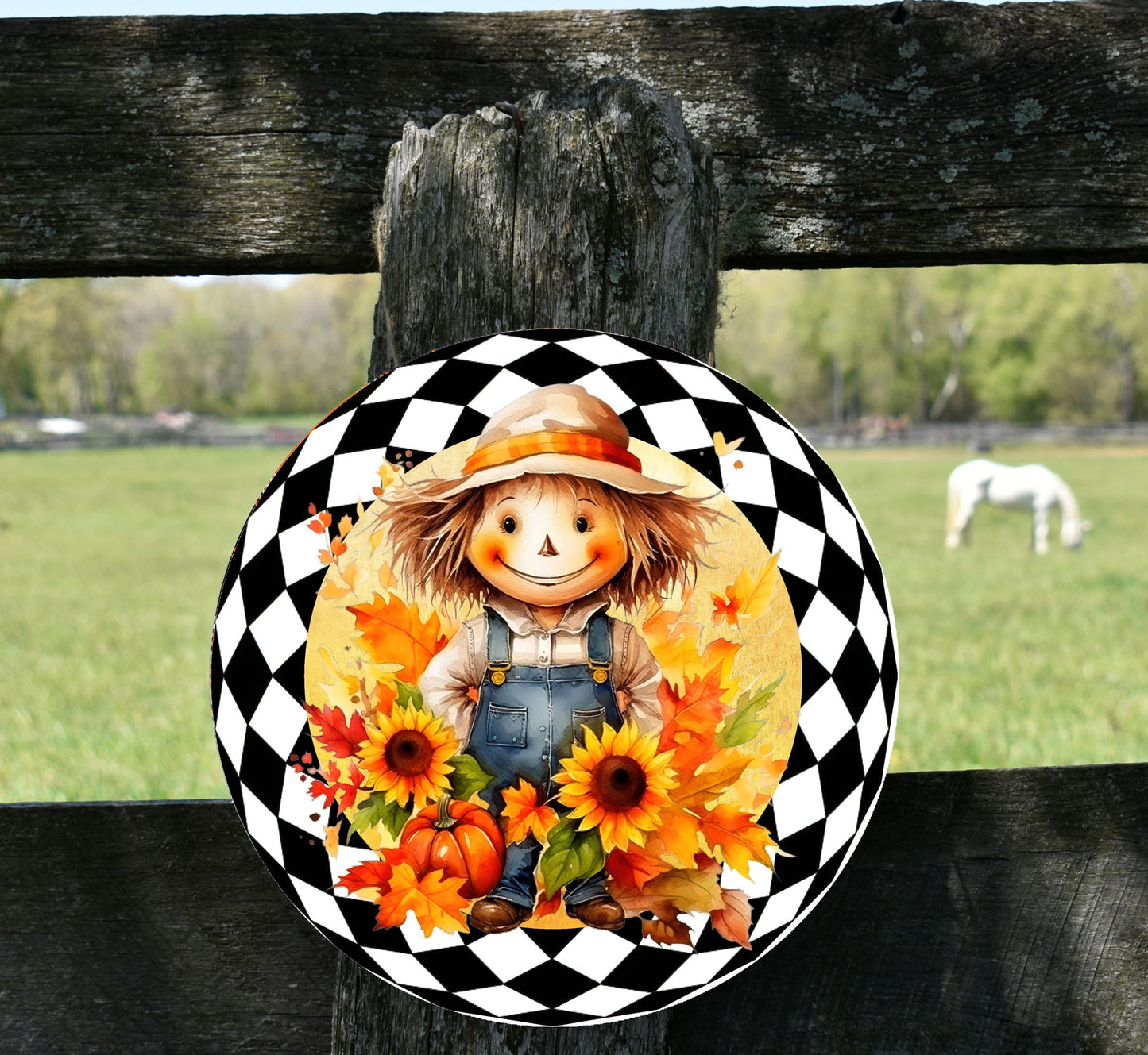 New Release Smiling Scarecrow Sign, Farmhouse Round Wood Sign, Door Hanger Wreath Sign