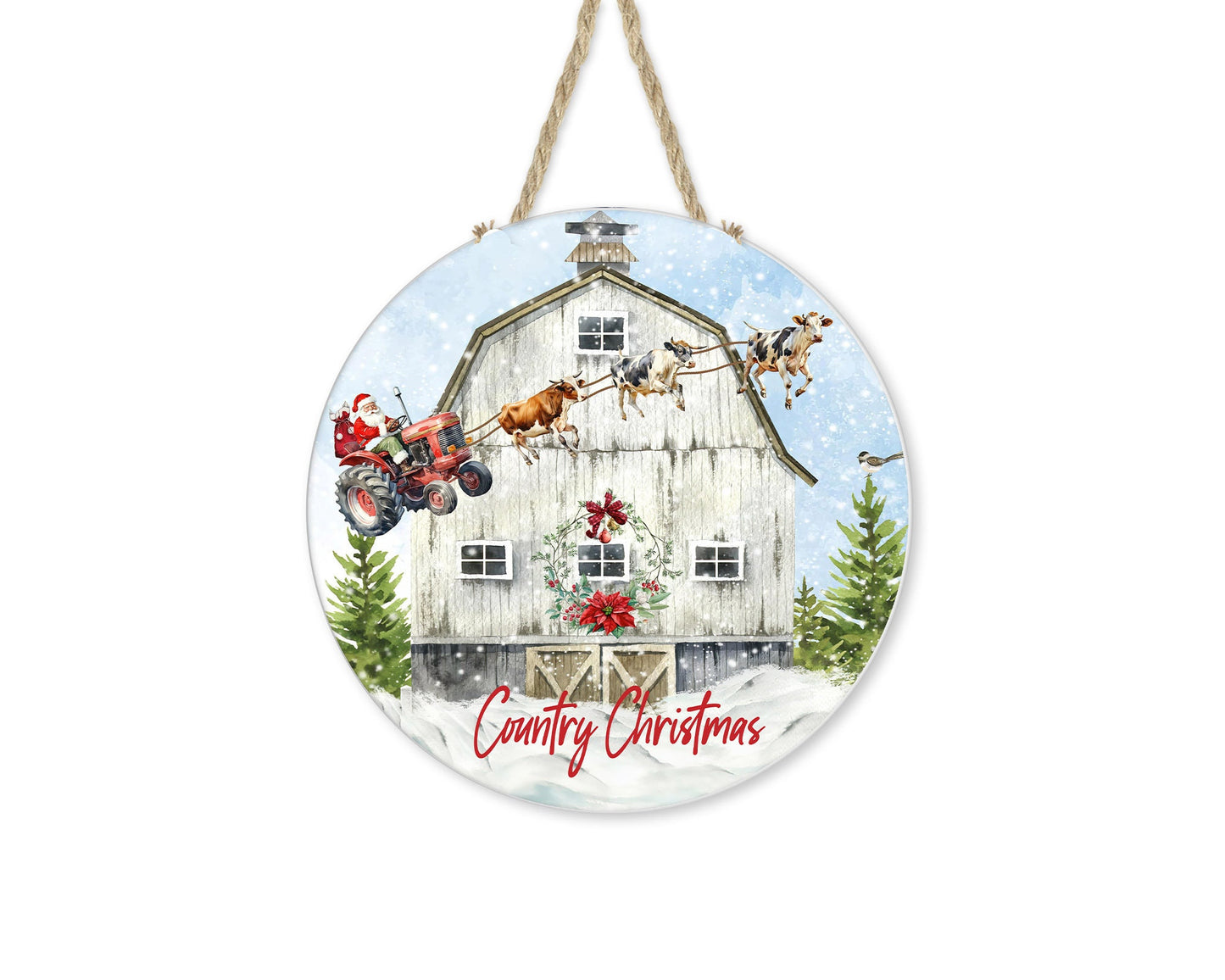 New Release Farm Christmas Santa Tractor Sign, Farmhouse Christmas Round Wood Sign, Door Hanger Wreath Sign