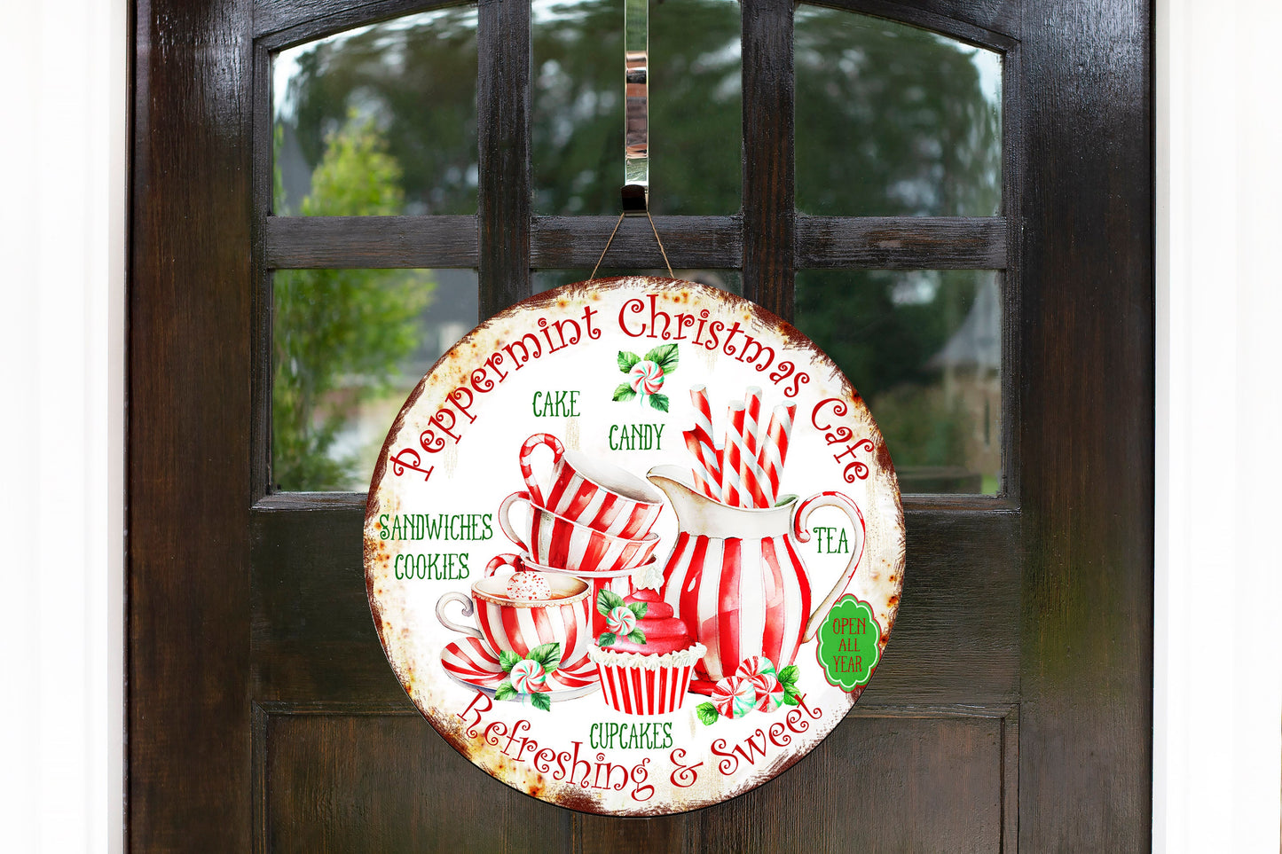 New Release Peppermint Cafe Sign, Farmhouse Christmas Round Wood Sign, Door Hanger Wreath Sign