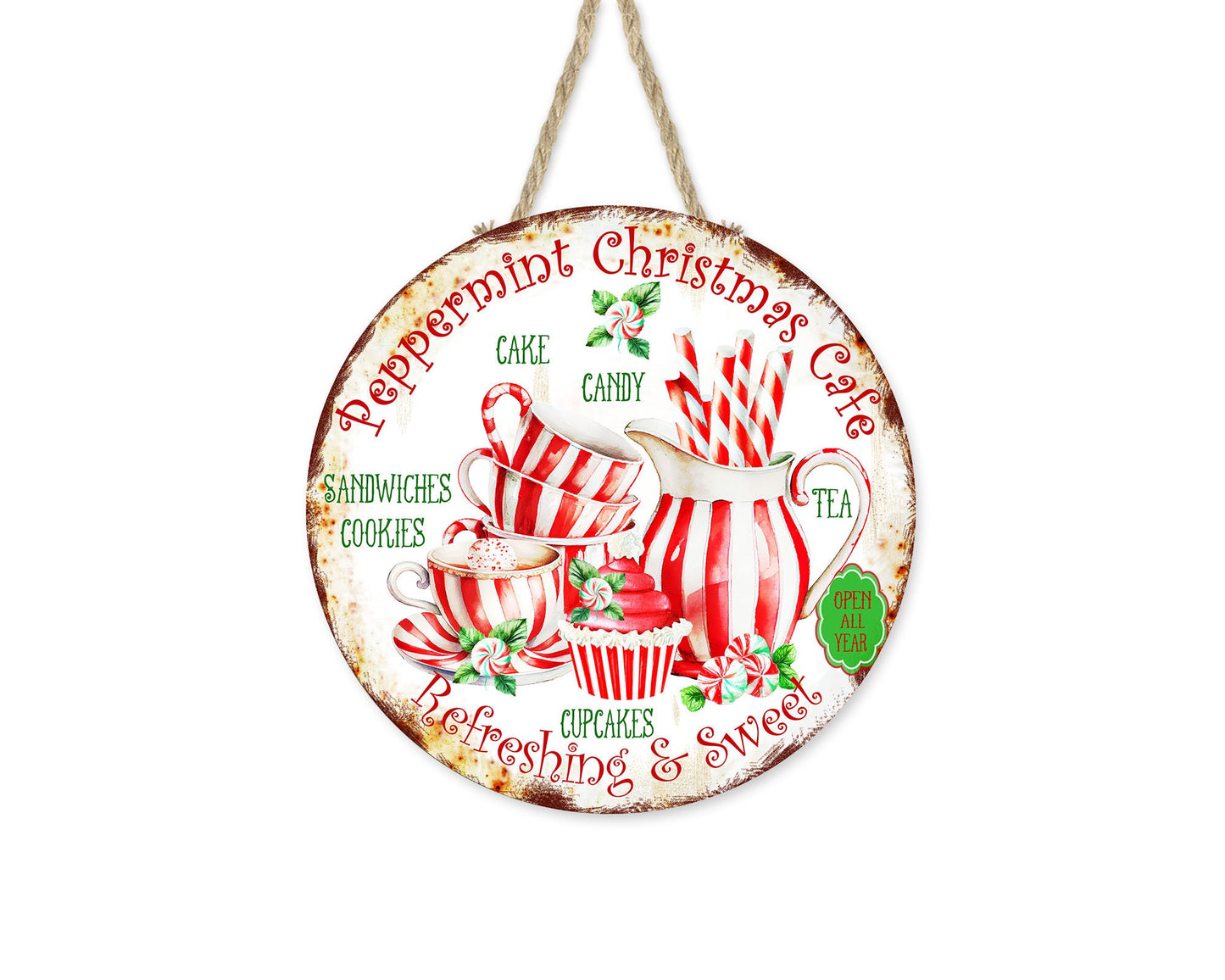 New Release Peppermint Cafe Sign, Farmhouse Christmas Round Wood Sign, Door Hanger Wreath Sign