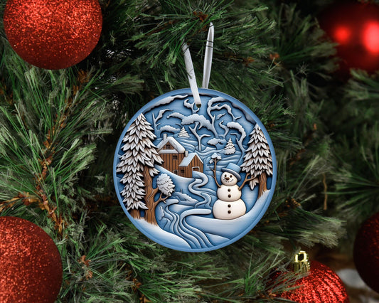 New Release Christmas Ornament, Blue and White Snowman and Cabin Ceramic Christmas Ornament