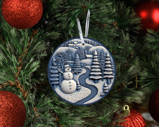 New Release Christmas Ornament, Blue and White Snowman Forest Ceramic Christmas Ornament