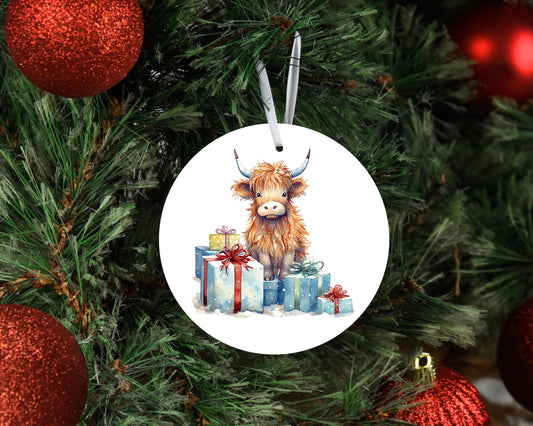 New Release Christmas Ornament, Highland Cow and Presents Ceramic Christmas Ornament