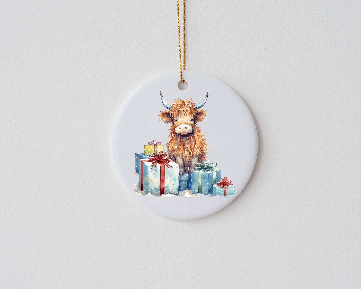 New Release Christmas Ornament, Highland Cow and Presents Ceramic Christmas Ornament