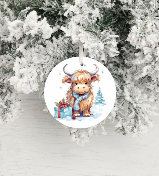 New Release Christmas Ornament, Highland Cow with Blue Scarf Ceramic Christmas Ornament