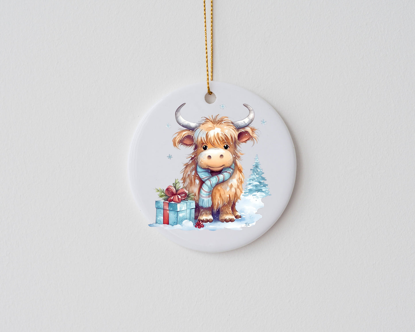 New Release Christmas Ornament, Highland Cow with Blue Scarf Ceramic Christmas Ornament