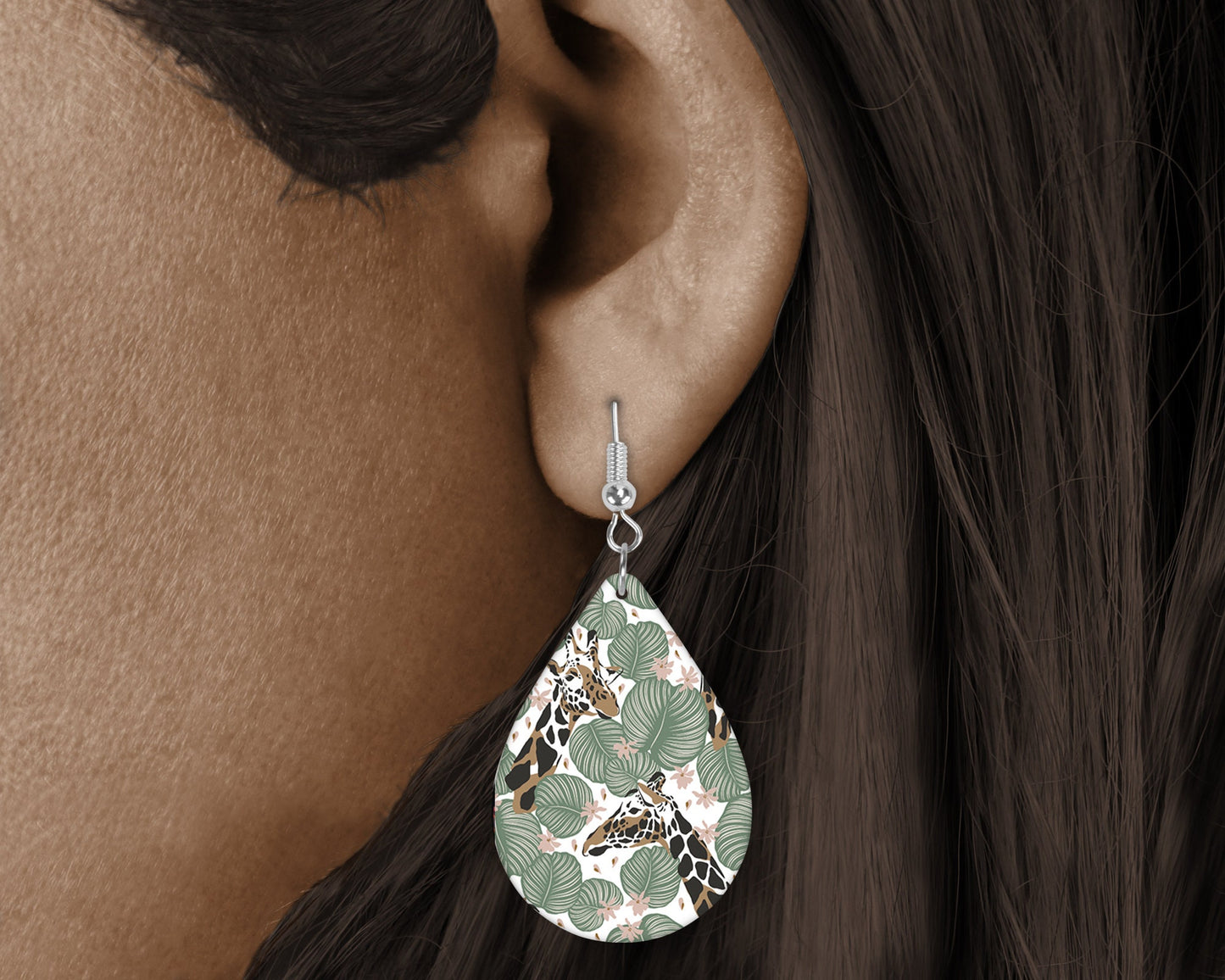 New Release Giraffe and Palm Leaves Tear Drop Dangle Printed Earrings Jewelry Handmade