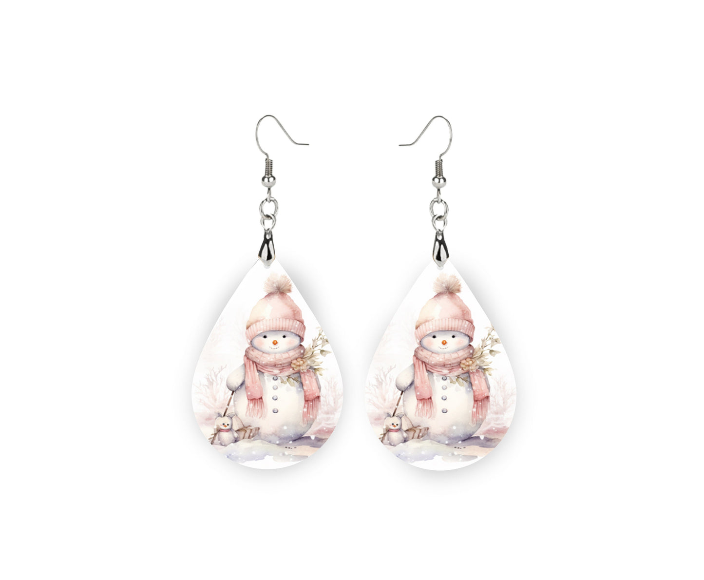 New Release Sweet Pink Snowman Earrings, Tear Drop Dangle Printed Earrings Jewelry Handmade