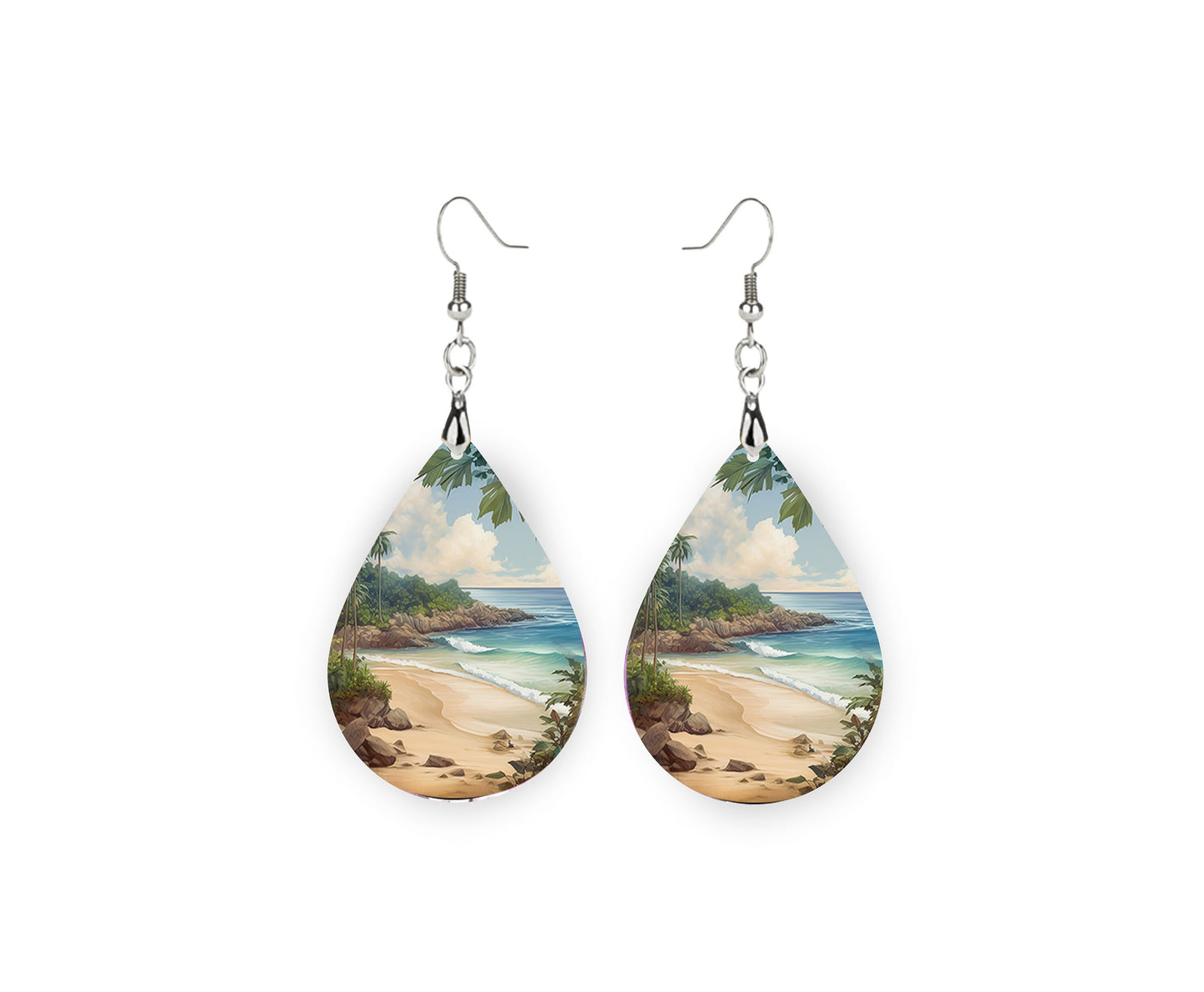 New Releases Beach Earrings, Beach Coastline Print Tear Drop Wood Dangle Earrings Hypoallergenic Jewelry