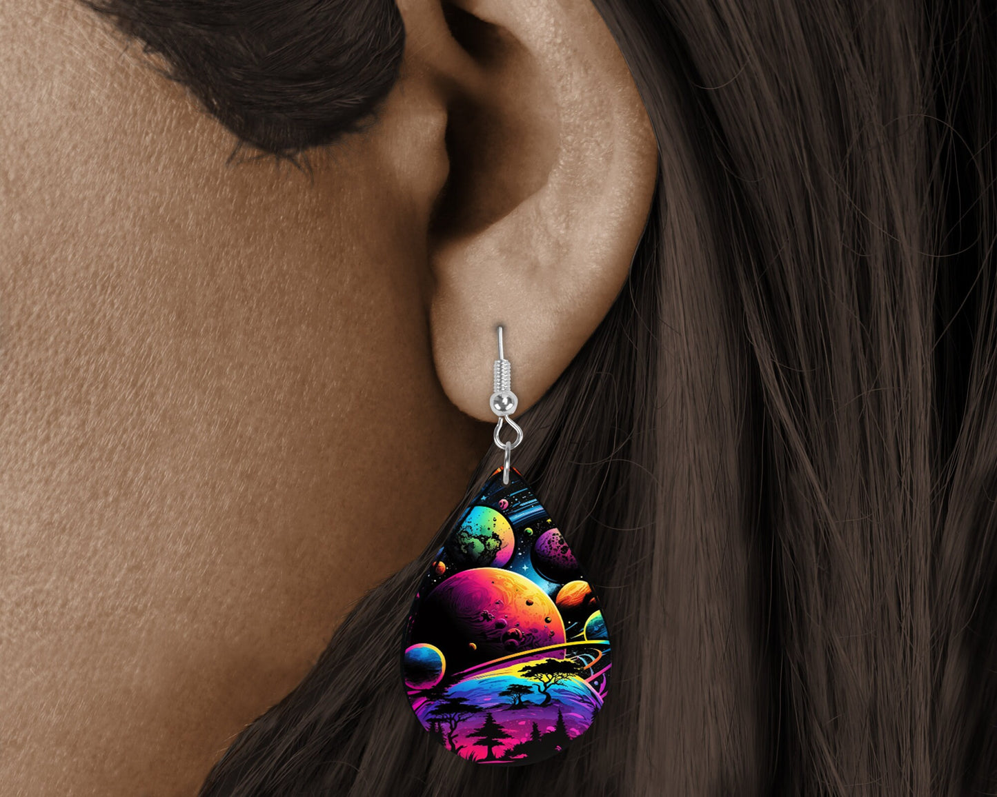 New Release Galaxy Planets Print Tear Drop Wood Dangle Earrings Hypoallergenic Jewelry