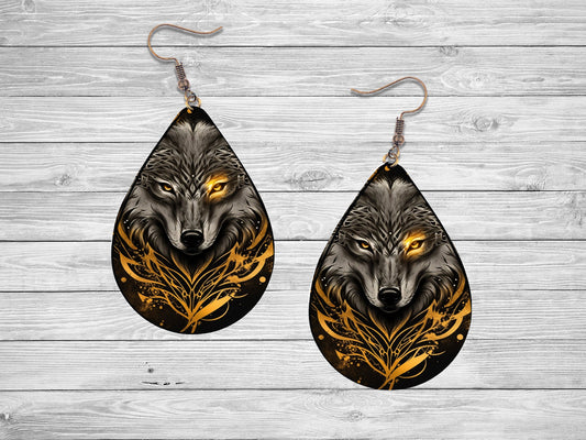 New Release Gold and Black Wolf Print Tear Drop Wood Dangle Earrings Hypoallergenic Jewelry